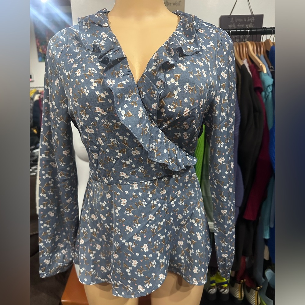 Allegra K Floral Ruffle Wrap Top in Blue